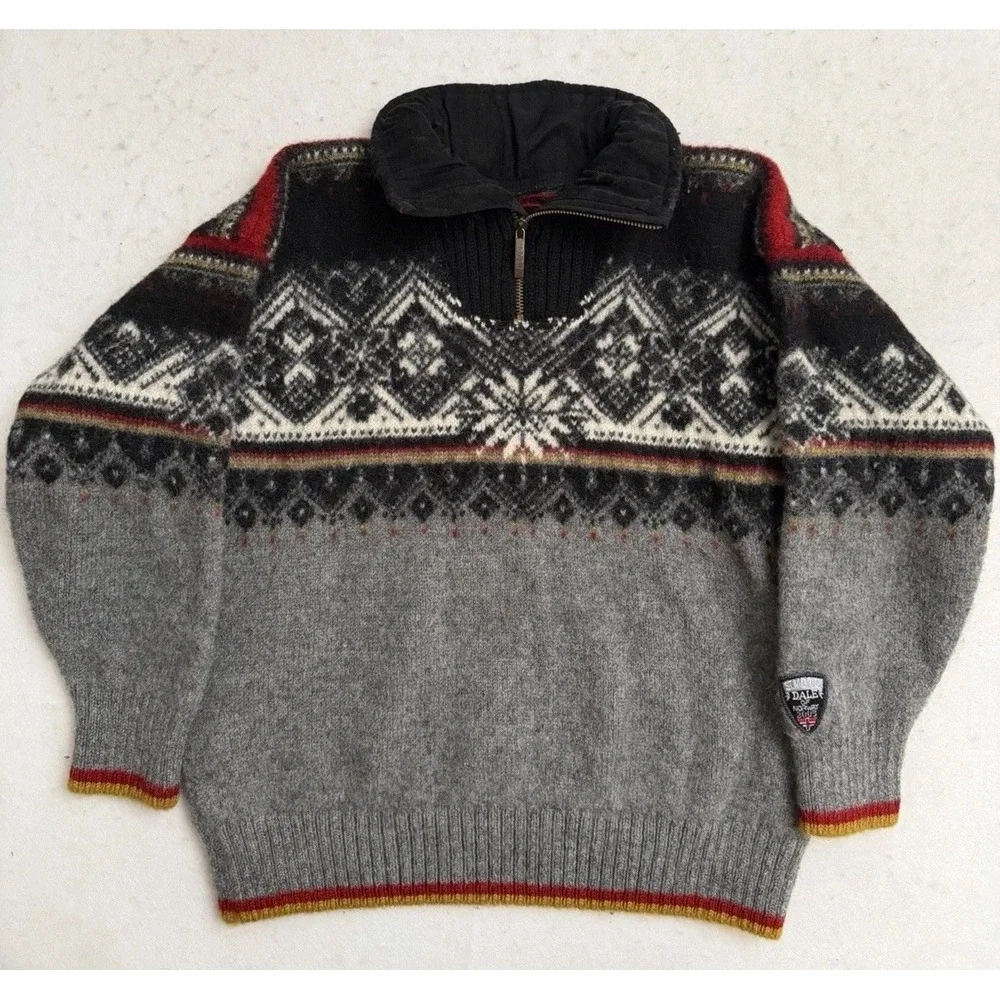 Dale Of Norway Wool Knit Sweater Nordic Fair Isle Zip‎ Men's Size S Gray VTG